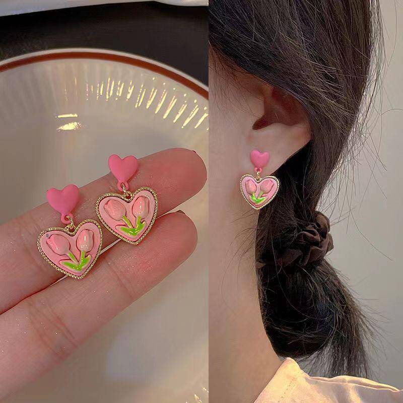  New Tulip Love Heart Earrings For Women And Girls - Floral Design 