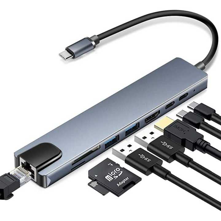 Genuine USB C Hub (8 in 1 Multifunction Adapter for MacBook & Windows) / USB Docking Station / 4K HDMI, HDTV, SD/TF card, RJ45, USB C