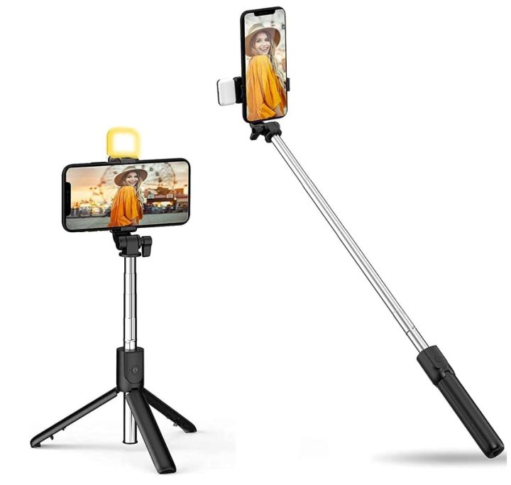 Bluetooth Selfie Sticks R1s with Remote and Selfie Light, 3-in-1 Multifunctional Selfie Stick Tripod Stand Mobile Stand Compatible with All Phones 